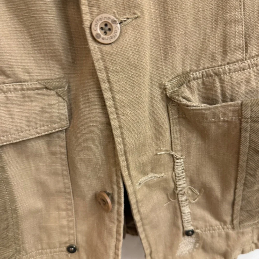 Caffeine Culture VTG Y2K Mens Tan Utility Jacket Blazer Elbow Patch Camo Lined L